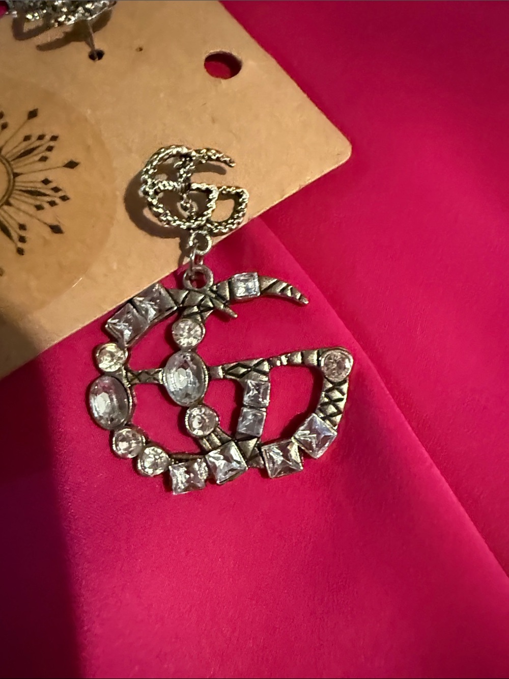 Designers Inspired Double-G Style Drop Earrings - Silver Crystal - Picture 3 of 5